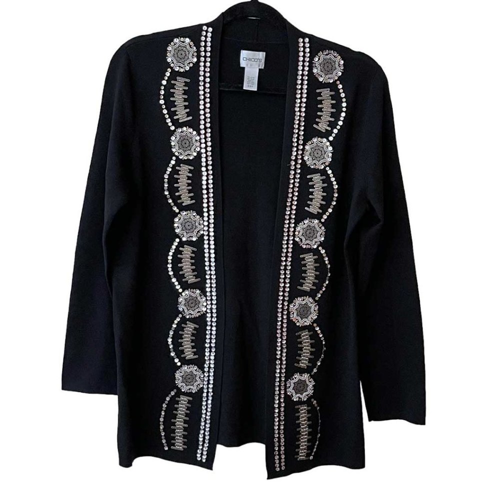Chico's Embellished Cardigan Sweater Black Knit Open Front